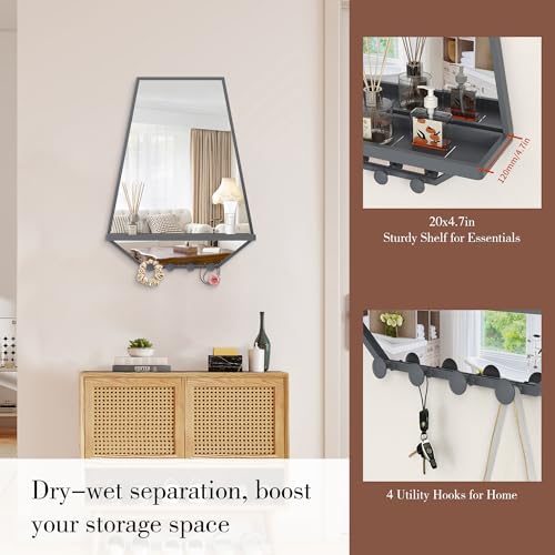 Image of BEAUTME 26x20 inch Bathroom Mirror with Shelf, Irregular Hexagonal Metal Wall Mirrors with Hooks, Bathroom Vanity Mirror Farmhouse, Wall Mounted Mirror Decor for Living Room Bedroom Entryway (Grey)