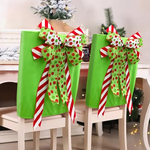 MelonBoat Christmas Chair Back Covers: 4Pcs Grinchmas Green Red Bows Dining Chair Covers, Chair Back Covers for Xmas Holiday Home Kitchen Decorations Dining Room, Office