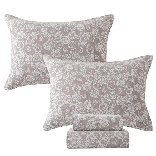 FADFAY Rose Sheets Set Queen Vintage Curry Floral Bedding Shabby Farmhouse Bedding Super Soft Washed Double -Layer Muslin Sheets Luxury 100% Cotton Breathable Deep Pocket Fitted Sheet 4Pc, Queen Size