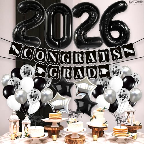 Image of KatchOn, Black and Silver Graduation Decorations 2026 Set - Huge, Pack Of 43 | 2026 Balloons, Congrats Grad Banner | Black Graduation Decorations 2026 | Black and White 2026 Graduation Decorations