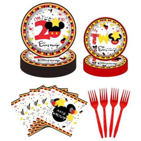 80 Pcs Red Cartoon 2nd Party Plates Twodles Dessert Plates Napkins Forks Tableware Kit for Boys 2nd Birthday Party Decorations Supplies - 20 Guests Cover