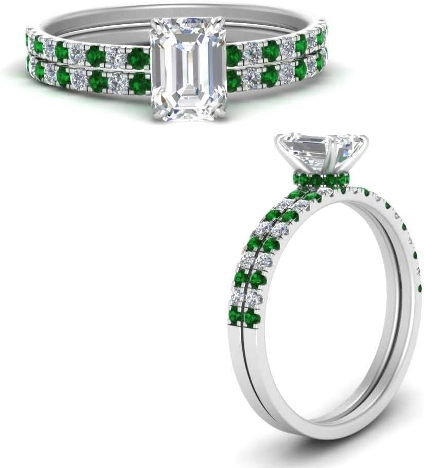 Hidden Halo Half Way Wedding Ring Set Sterling Silver Created Emerald Emerald Shape Green Color Wedding Ring Sets Prong Setting in Size 6 Party Wear Daily Wear Ornament