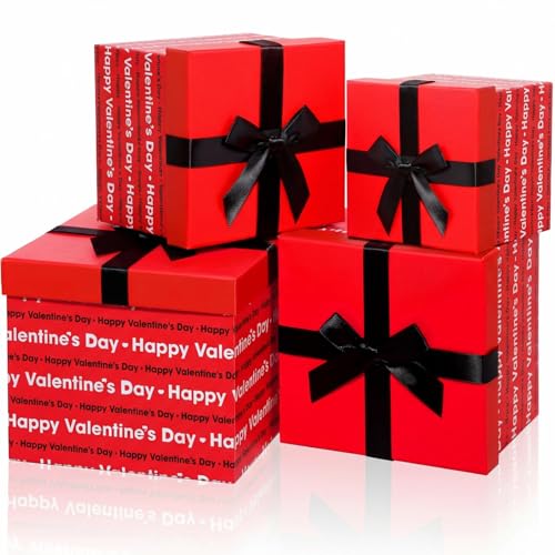 Epakh 4 Pcs Square Nesting Boxes Decorative Gift Boxes with Lids Black Red Hearts Assorted Sizes for Anniversary, Birthday, Wedding, Bridal Shower Party Gifts(Warm Heart)
