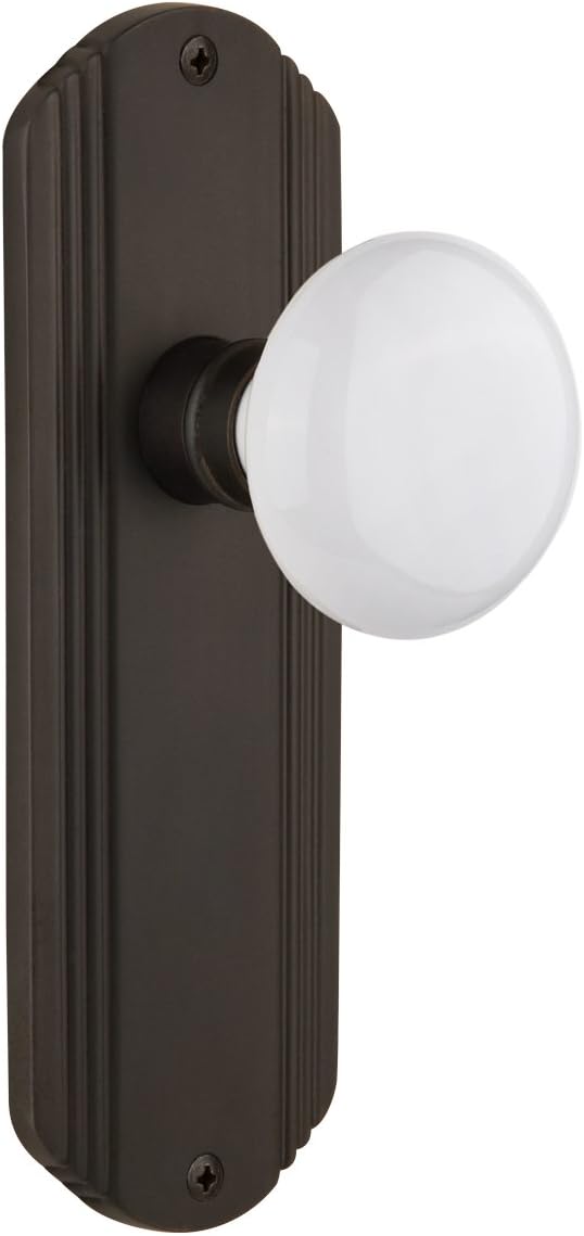 Nostalgic Warehouse Deco Plate with White Porcelain Door Knob, Passage - 2.375", Oil-Rubbed Bronze