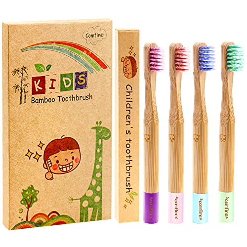 Nroech Kids Toothbrushes, Biodegradable Bamboo Toothbrush, Toddler Toothbrush BPA Free Eco-Friendly Natural Organic Soft Bristles Bamboo Toothbrush for Kids Toddlers Boys Girls Age 2-10 Years, 4 Pack