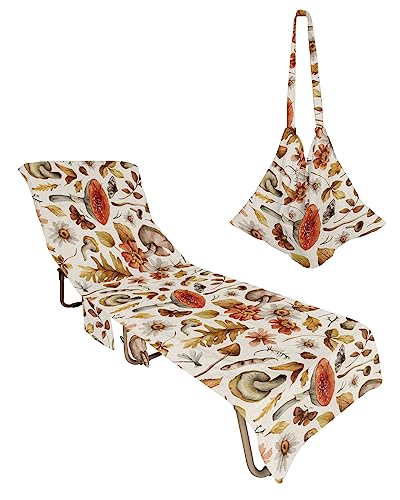 Fall Leaves Flowers, Beach Lounge Chair Towel Cover, Soft Chaise Lounge Towel with Side Pockets Patio Pool Chairs Cover for Beach/Pool Sunbathing 29x85 Country Rustic Mushroom Chic Butter-fly