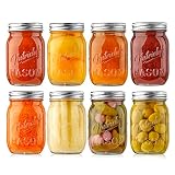 NutriChef 8-Pack 16 oz Mason Jars with Lids - Thick Glass Canning Jars with Stainless Steel Lids - Ideal for DIY Spices, Meal Prep, Overnight Oats, Jelly, Jam, Honey, Candles, Crafts, & More