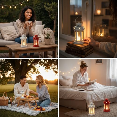 Image of Mini Metal Tea Light Lantern Set of 1 Candle Holder Home Decor | Perfect for Living Room, Bedroom, Pooja Space, Festive Decor, Weddings, Housewarming & Gifting Ideal for Diwali, Wedding - White & Red