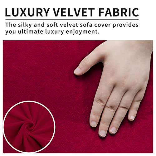 Image of Easy-Going Velvet Couch Covers for 3 Cushion Couch Sofa, Luxury Velvet Sofa Cover with Ties, One Piece Sofa Slipcover for Living Room (Red, Sofa)