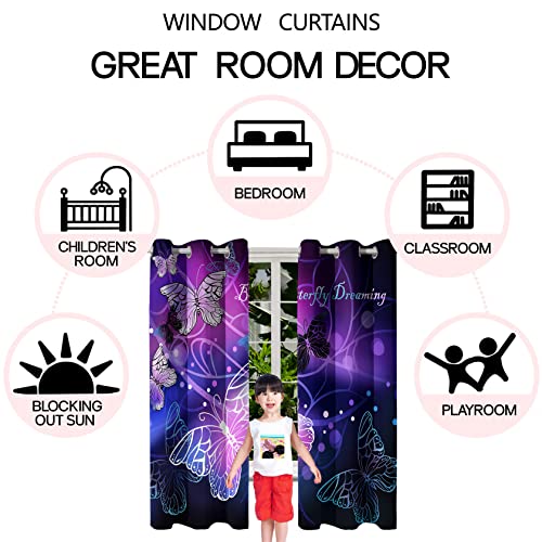 Butterfly Window Curtain Panels Purple Blackout Girls Curtains for Bedroom 2 Panels Curtains 84 inch Length for Girls Bedroom Nursery Room Grommet Top Thermal Insulated Curtains, 82" x 84"