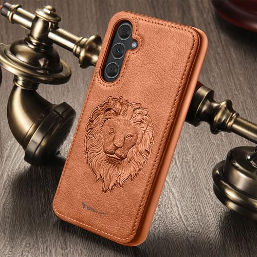 Image of Vaku Luxos Lion Embossed Back Cover Case for Samsung Galaxy S23 FE Premium Leather Stitched Soft Shockproof Protective TPU Phone Case Camera Screen Protector- Brown