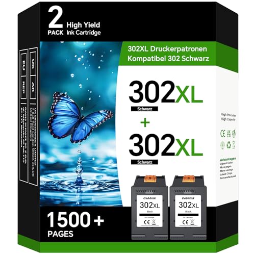 302 XL Schwarz Ersatz für HP 302 Druckerpatronen Schwarz 302XL Kompatibel mit HP Envy 4520 4522 4525 4527 DeskJet 3630 3636 3638 3639 3633 2130 OfficeJet 3831 3830 3833 5220 5230, 2 Stück 302 XL Schwarz Ersatz für HP 302 Druckerpatronen Schwarz 302XL Kompatibel mit HP Envy 4520 4522 4525 4527 DeskJet 3630 3636 3638 3639 3633 2130 OfficeJet 3831 3830 3833 5220 5230, 2 Stück
