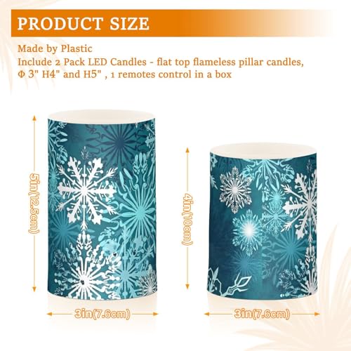 Image of Christmas Flameless Candles Teal Blue White Snowflake Pillar Candles Set of 2 Battery Operated Remote Control Warm Lights Home Decor