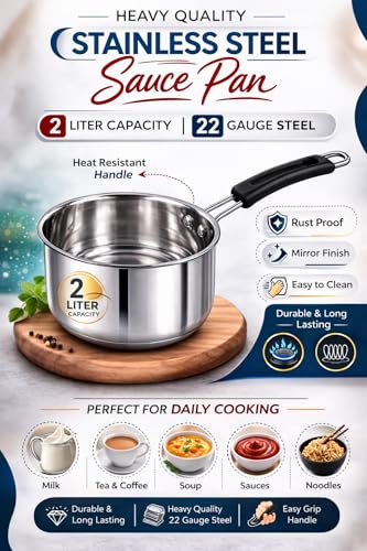 Image of 2 Liter Stainless Steel Sauce Pan | Heavy Quality 22 Gauge Steel Milk & Tea Pan | Mirror Finish Cooking Pot with Heat Resistant Handle | Multipurpose Kitchen Saucepan for Gas Stove