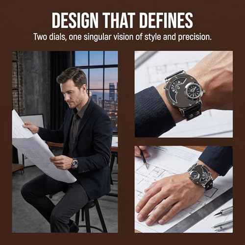 Image of MJSCPHBJK Men's Dual Dial Analog Watch - Unique 2-in-1 Timepiece with Japanese Quartz Movement, Stainless Steel Case, PU Leather Band, Dual Time Display, Fashion Dress Wrist Watch for Business Casual Wear