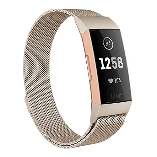 Moydolo Compatible with Fitbit Charge 3 Strap/Fitbit Charge 4 Strap Men Women Stainless Steel Metal Adjustable Magnetic Loop Mesh Replacement Band for Charge3/Charge 4/Charge 3 SE Small Vintage Gold