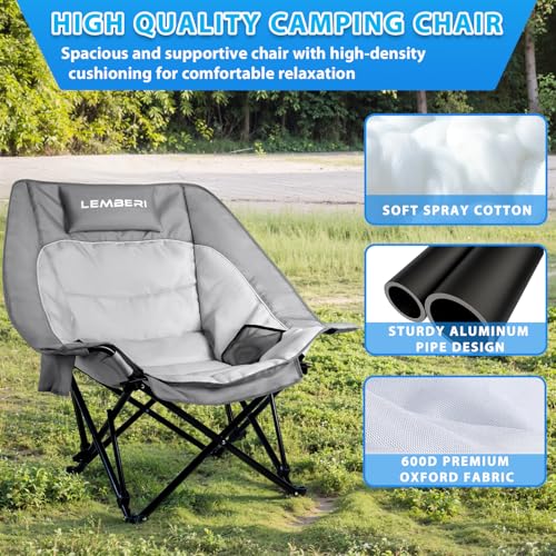 PRETZI Silla de Camping Extragrande, Soporte Resistente 500 Libras, Plegable y Portátil, con Respaldo Ajustable, Apoya Cabeza y Portavasos, Silla Baja para Jardín y Pesca Gris miniatura 4