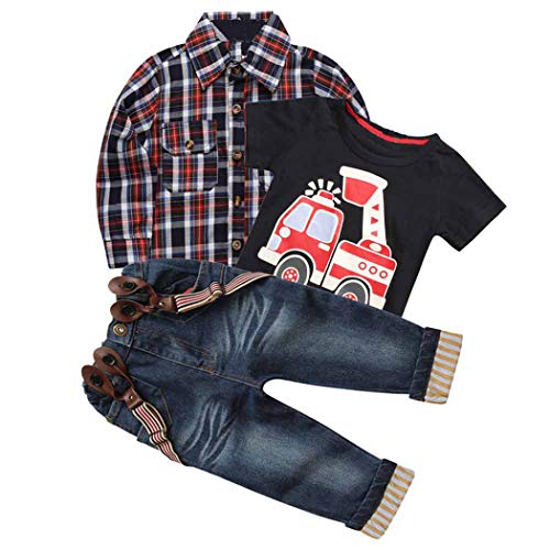 Image of MYGBCPJS 3Pcs Boy Handsome Outfit Set Plaid Shirt + T-Shirt + Suspender Jean Sets