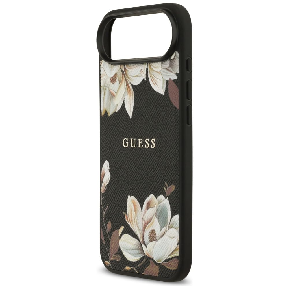 CG MOBILE Guess Grained Fleurs Classic Logo Compatible avec MagSafe Coque pour iPhone 17 Air (Noir)