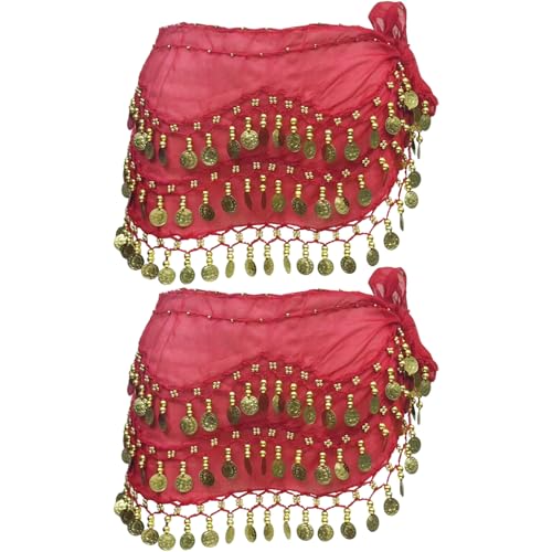 2 PCS Black Belly Dance Hip Scarf Womens Belly Dance Costume Belly Scarf for Belly Dancer Coin Skirts Skirt Wrap for Dancer with 128 Gold CoinsRed