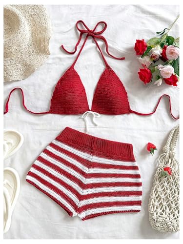 MakeMeChic Women's Crochet Two Piece Cover Up Outfit Halter Tie Backless Bikini Top and Striped Shorts Set4