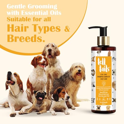 Image of Tell Tails 5-in-1 Organic Dog Shampoo - Pack of 2 (500ml) - Flea, Tick & Odor Removal - Moisturizes, Heals & Shine - Anti-fungal & Anti-bacterial - Citronella, Ginger, Bhringraj & Amla -For All Breeds