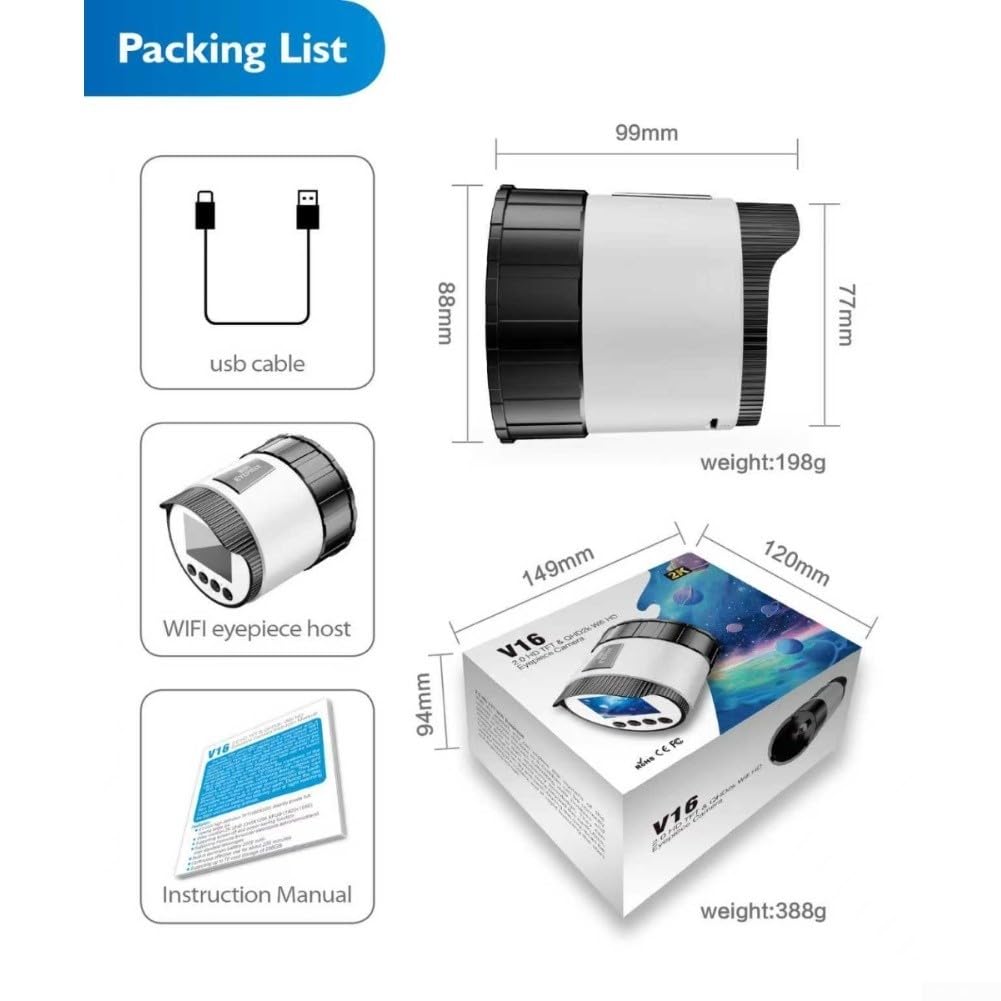 Cámara ocular electrónica 2K FHD con WiFi, pantalla TFT de 2,0 pulgadas, prismáticos y telescopios, microscopía, batería de 150 min, tarjeta TF de hasta 256 GB, color blanco