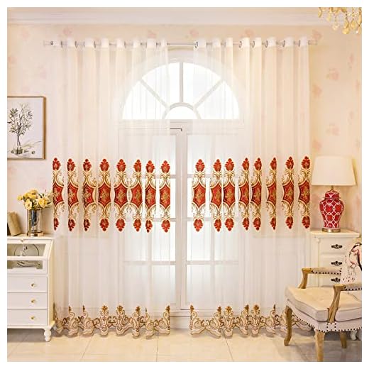 ELKCA White Sheer Curtains with Classical Velvet Embroidered for Living Room,Grommet Top,2 Panels (52" W x 84" L| 2 Panels, Burgundy Red)