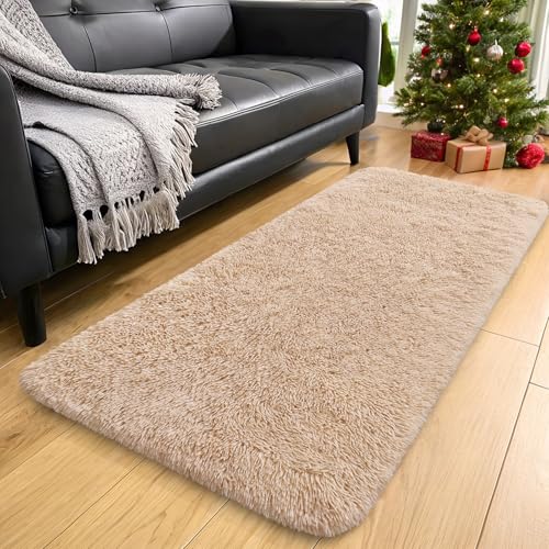 OLANLY 2x5 Machine Washable Runner Rugs for Hallway, Soft Fluffy Shaggy Bedside Rugs for Bedroom, Living Room, Indoor Floor Carpet for Kids Girls and Boys, Nursery Rooms, Home Decor Aesthetic, Beige