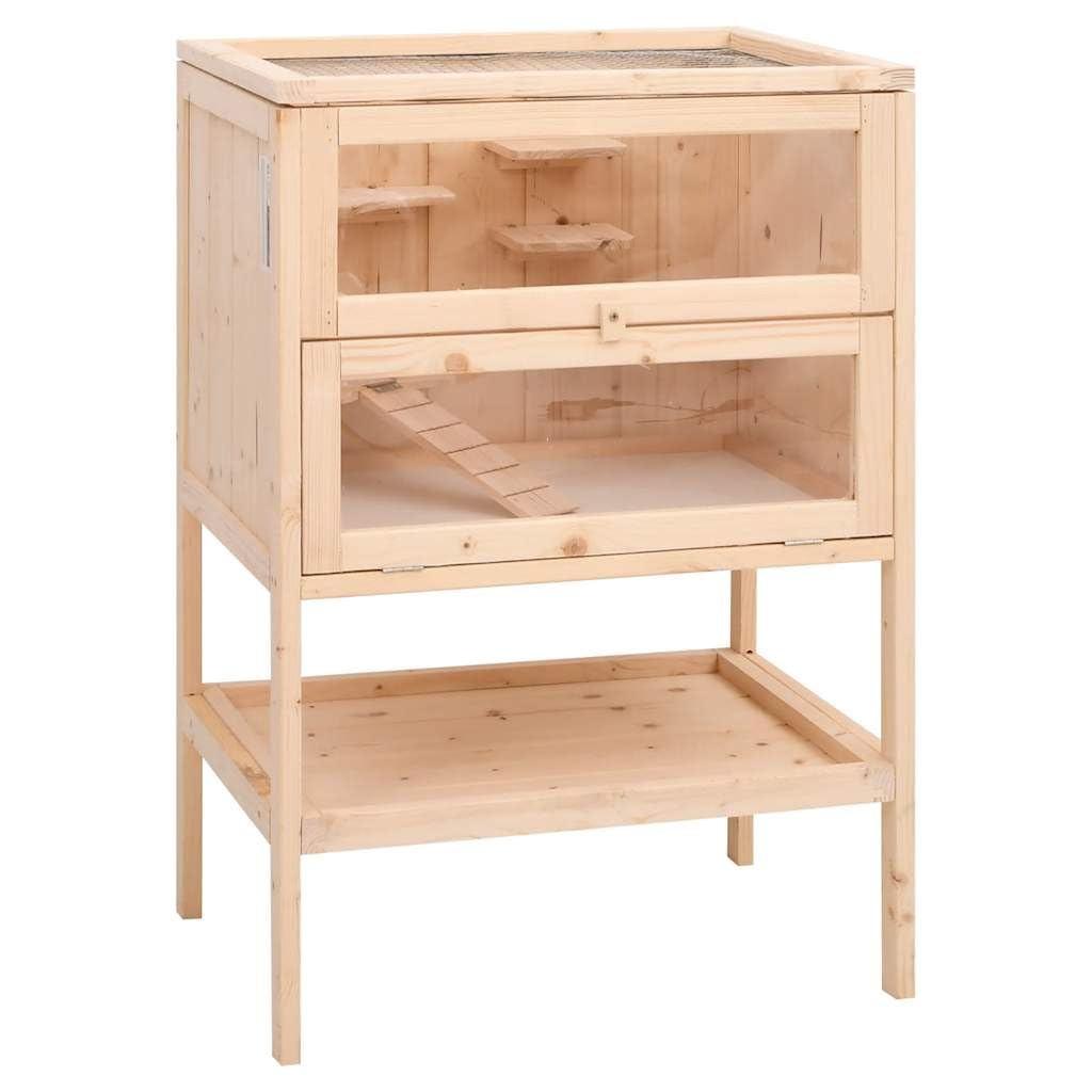 Jaula hámster madera maciza abeto 55x40x80 cm con escalera de dos niveles, techo rejilla metálica abierta, frontal acrílico transparente, estante de almacenamiento, para hámster Gerbille
