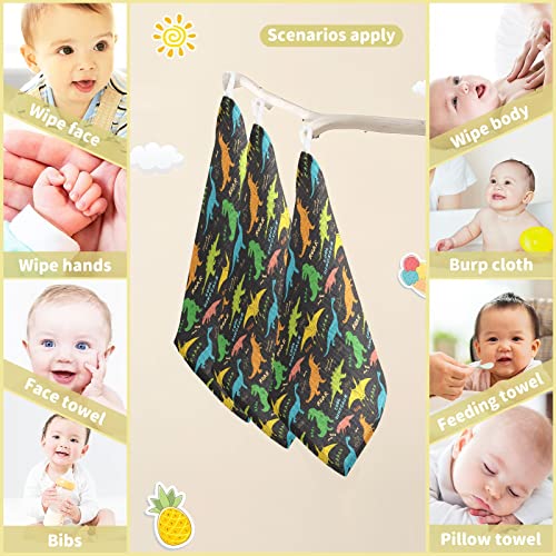 Image of vvfelixl Baby Washcloths Cotton Colored Dino Dinosaurs Baby Muslin Washcloths Soft Baby Face Towel for Newborn Infants, 11.8 X 11.8 Inch, 3 Pack Black