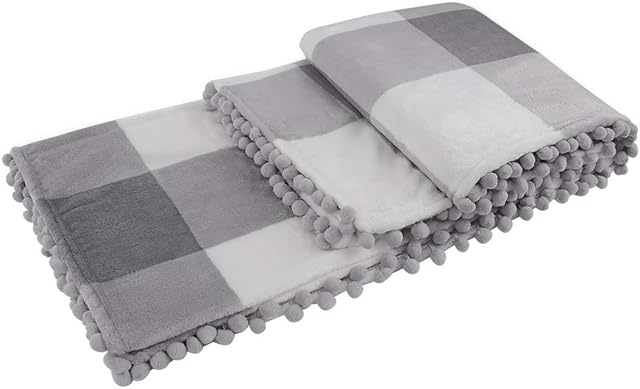 PiccoCasa Buffalo Plaid Flannel Throw Blanket with Pom Poms | Tartan Checkered Fleece Blanket Throw Size | Lighweight Soft Plush Microfiber Blankets for Couch Sofa | 50"x60", Silver+White