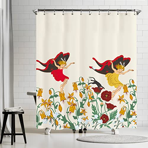 VEGA U Duschvorhang aus floralem Stoff für Badezimmer, gelbe Blume mit Schmetterlings-Elfen-Motiv, Baddekoration mit Haken, 183 x 183 cm Cover