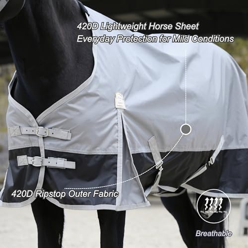 Image of BARN & STABLE 420D Ripstop Lightweight Horse Turnout Sheet, No Fill, Water-Resistant & Breathable Horse Blanket for Spring and Mild Weather, with Anti-Rub Fleece Withers