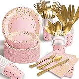 350PCS Pink and Gold Party Supplies, Severs 50 Disposable Party Dinnerware, Gold Plastic Forks...