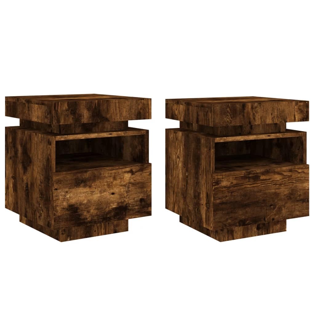 YUANCHUTOP Set of 2 LED Floating Bedside Table with Drawer and Shelf, Wall Mounted Nightstand with LED Lights, Floor Stand or Wall Mount, for Living Room Bedroom - Oak+Rustic