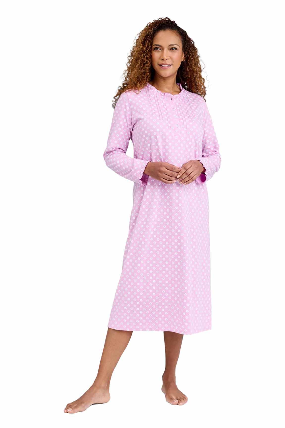 Amber Ladies Print Frill Neck Nightdress Long Sleeve Button Front Cotton Nightie with Pintuck and Frill Details Floral Print Sleepwear Lavender 10