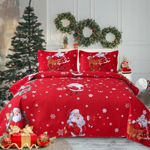 Christmas Quilts Bedding Set Queen/Full Christmas Bedspread Lightweight Coverlet Holiday Red Bedding Santa Claus Snowflake Christmas Home Decor (90