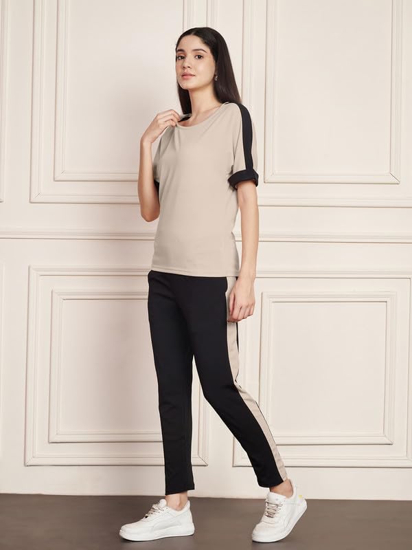 Image of DTR FASHION Polyester Blend Black Color Shoulder Stripes Tracksuit | Night Wear Suit For Women
