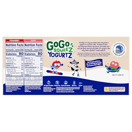 Image of GoGo squeeZ YogurtZ Variety Pack,Strawberry & Peach,3 oz,Kids Snacks Made with Real Yogurt and Fruit,No Fridge Needed,Gluten Free,Nut Free,Recloseable Cap,BPA-Free Pouches,(Pack of 40)