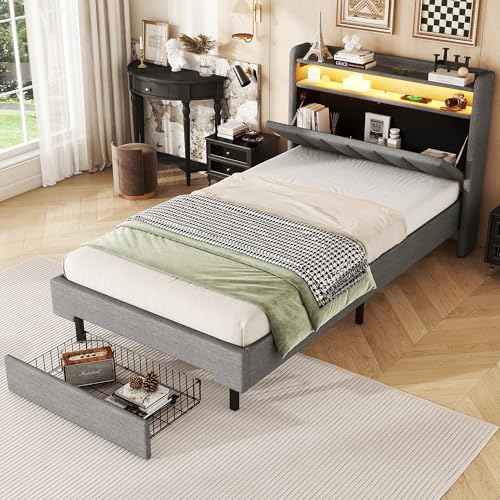 NovaFurnish 90 x 200 cm, cama plana, cama acolchada, lámpara de calor LED, enchufe USB, cabecero plegable, compartimento de almacenamiento integrado, cajas de cama (gris)