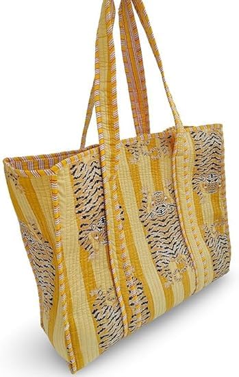 Image of YILLE Cotton Quilted Floral & Tiger Print Tote Bag, 18 x 18 inches For Grocery Shopping, Travel