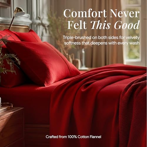 Image of Tribeca Living Triple Brushed Soft Cotton Flannel Sheets Set, Queen Size 170-GSM Weight Extra Deep Pocket Sheet in Solid Dark Red Color