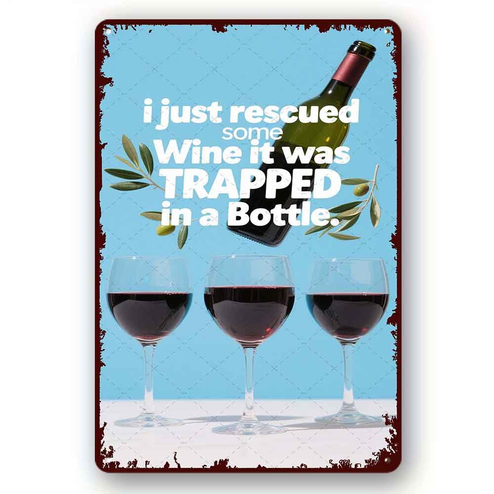 peiyeety Rustic Tin Sign Board Metal Sign I Just Rescued Some Wine It Was Trapped in a Bottle Tin Signs Quote Home Decor Wall Art Decor Plaque 8x12 Inch