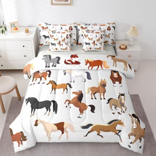 Image of Erosebridal Cartoon Horse Comforter Set 7 Piece Bed in a Bag Twin | Western Bedding Sets Cowboys Wildlife Farm Animals Comforter and Sheet Set, Rustic Farmhouse Bed Sets,Plain White