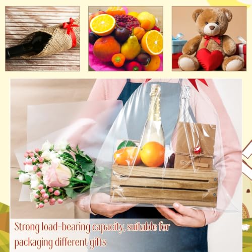 Image of Wonderjune Wooden Baskets for Back to School Gifts Empty Wood Basket with Cellophane Bag Ribbon Greeting Card for Birthday Baby Shower Wedding Housewarming Gifts Packaging(Brown,Small)
