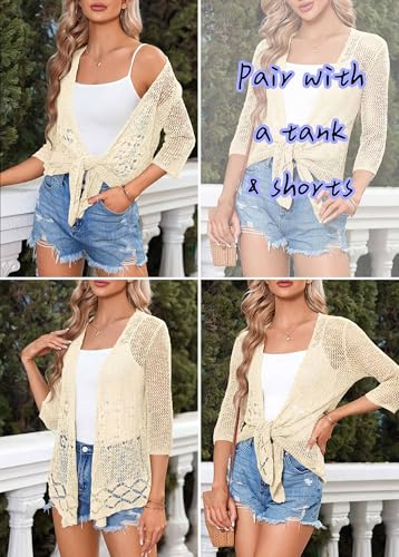 Image of Nulibenna Womens Sheer Shrug Sweaters 3 /4 Sleeve Open Front Tie Cardigan Bolero Jacket Lightweight Crochet Knit Cover Up Tops