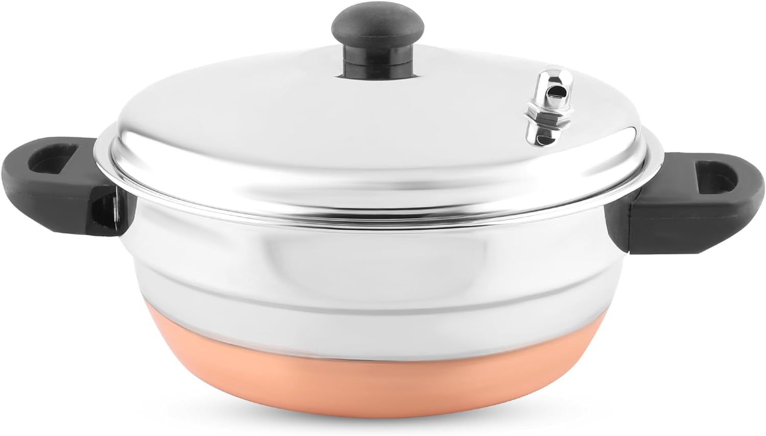 Multipurpose Copper Bottom Kadai 4 pcs Multi Kadai with Stainless Steel lid, 2 idli Plates (10 Idlis) 1 Steamer and 1 Idli Spoon with Whistle, Silver