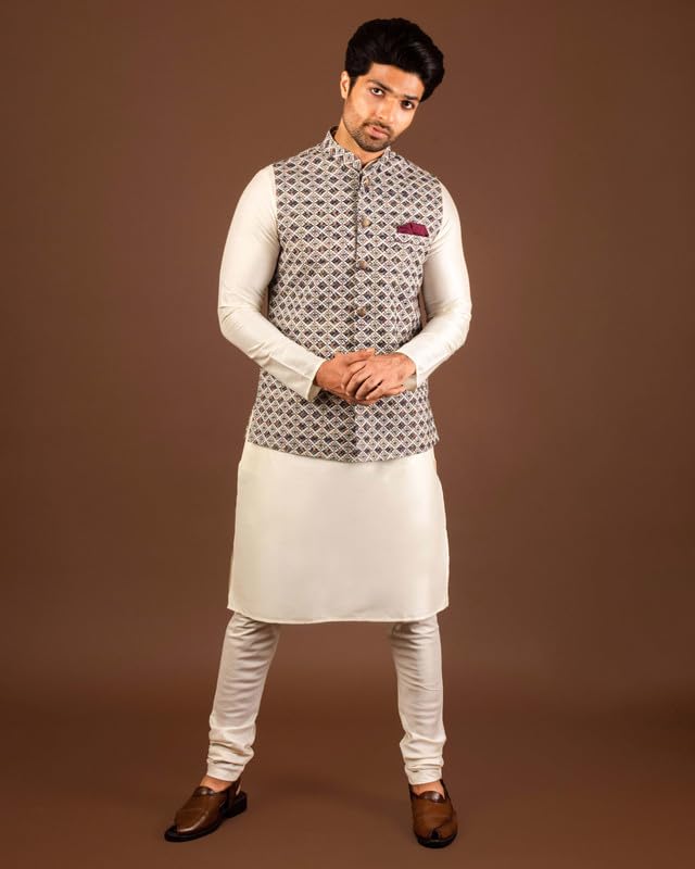 Image of KISAH Men Printed Kurta Jacket Set, Full Sleaves, Knee Length, Straight, Regular Fit, Mandarin Collar Ethnic Wear