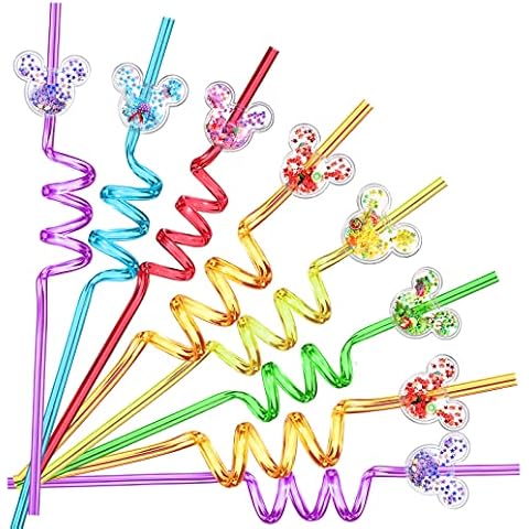 24 Glitter Mouse Ear Party Favors Reusable Mickey Drinking Straws 6 Designs Great for Minnie Theme Birthday Oh Twodles Theme Party Supplies with 2 Cleaning Brushes Cover